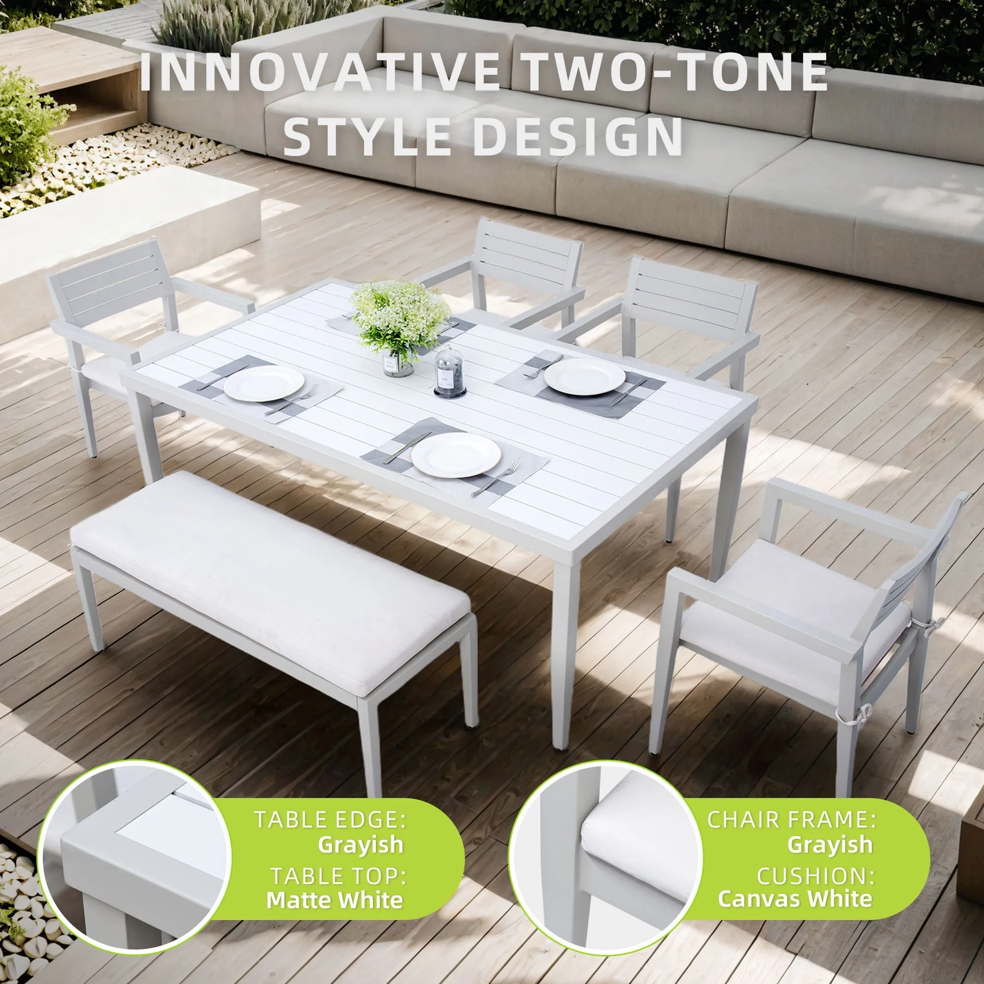 6 Piece Dining Set Modern Outdoor Patio Furniture, Including 4 Dining Chairs & 1 Dining Bench Sunbrella Fabric Cushioned And Two-Tone Rectangle Table With Umbrella Hole - Matte White / Grayish by Couch.com