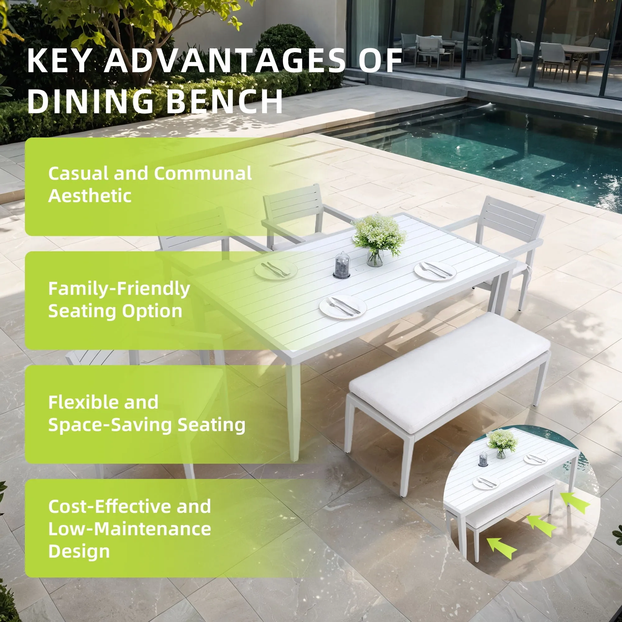 6 Piece Dining Set Modern Outdoor Patio Furniture, Including 4 Dining Chairs & 1 Dining Bench Sunbrella Fabric Cushioned And Two-Tone Rectangle Table With Umbrella Hole - Matte White / Grayish by Couch.com