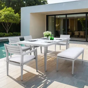 6 Piece Dining Set Modern Outdoor Patio Furniture, Including 4 Dining Chairs & 1 Dining Bench Sunbrella Fabric Cushioned And Two-Tone Rectangle Table With Umbrella Hole - Matte White / Grayish by Couch.com
