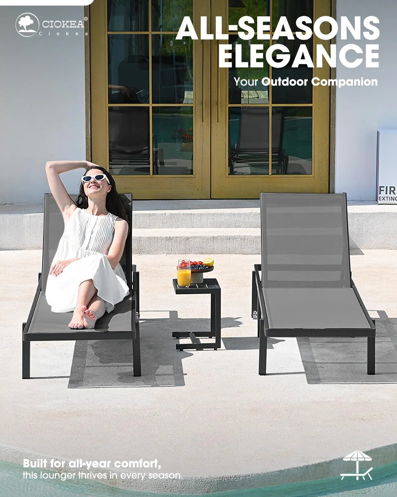 Aluminum Chaise Lounge Chair Outdoor with Wheels, Patio Lounge Chair with Adjustable 5-Position Recliner and Full Flat Tanning Chair for Patio, Beach, Pool, Grey