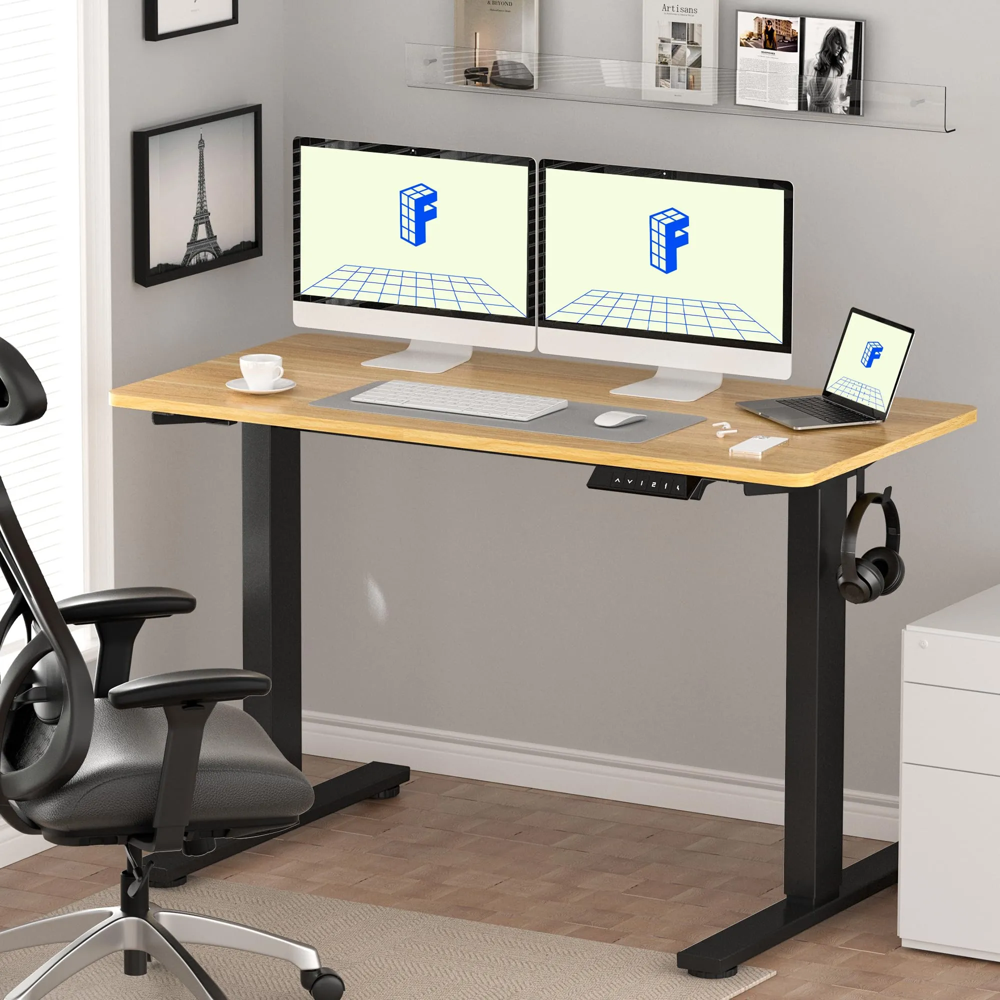FLEXISPOT EN1 Whole-Piece Standing Desk 60"x24" Height Adjustable Desk, Electric Sit Stand Desk Home Office Table Standing Desk (Black Frame   Maple Top, 2 Packages)