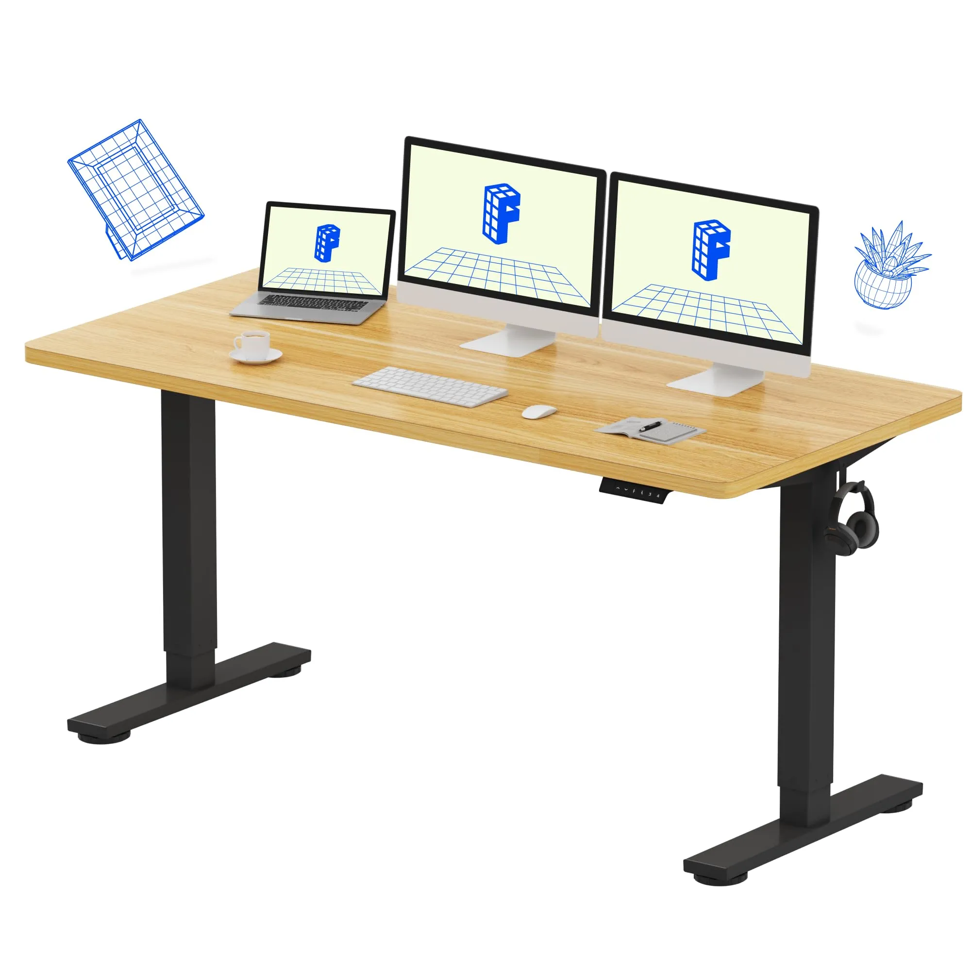 FLEXISPOT EN1 Whole-Piece Standing Desk 60"x24" Height Adjustable Desk, Electric Sit Stand Desk Home Office Table Standing Desk (Black Frame   Maple Top, 2 Packages)