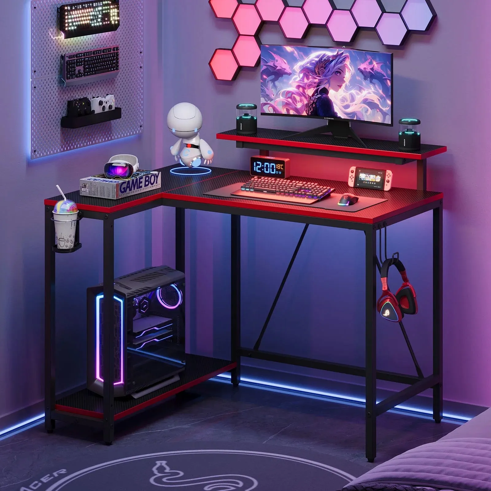 Pinmoco 42" Reversible L-Shaped Gaming Desk with Monitor Stand, LED Lights& Headset Hooks, Home Office, Carbon Fiber Black