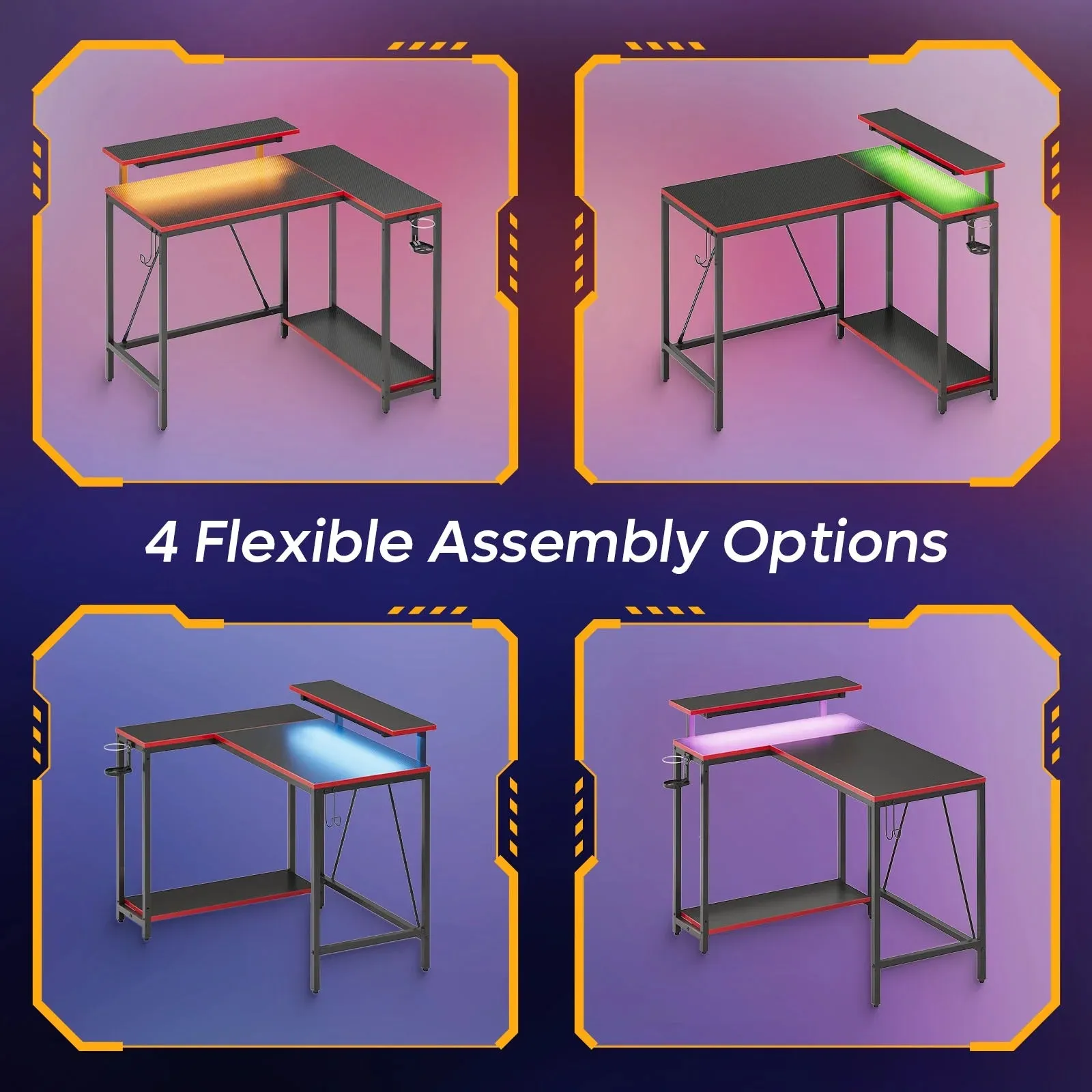 Pinmoco 42" Reversible L-Shaped Gaming Desk with Monitor Stand, LED Lights& Headset Hooks, Home Office, Carbon Fiber Black