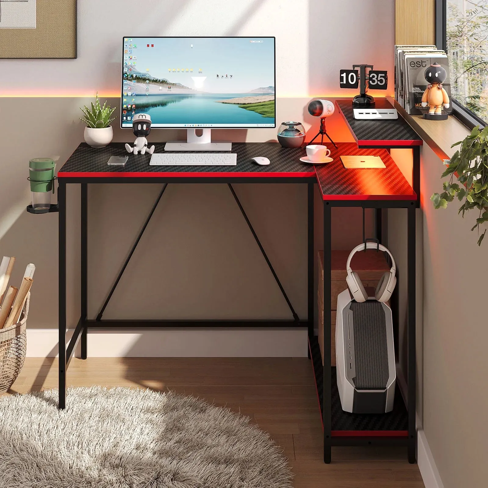 Pinmoco 42" Reversible L-Shaped Gaming Desk with Monitor Stand, LED Lights& Headset Hooks, Home Office, Carbon Fiber Black