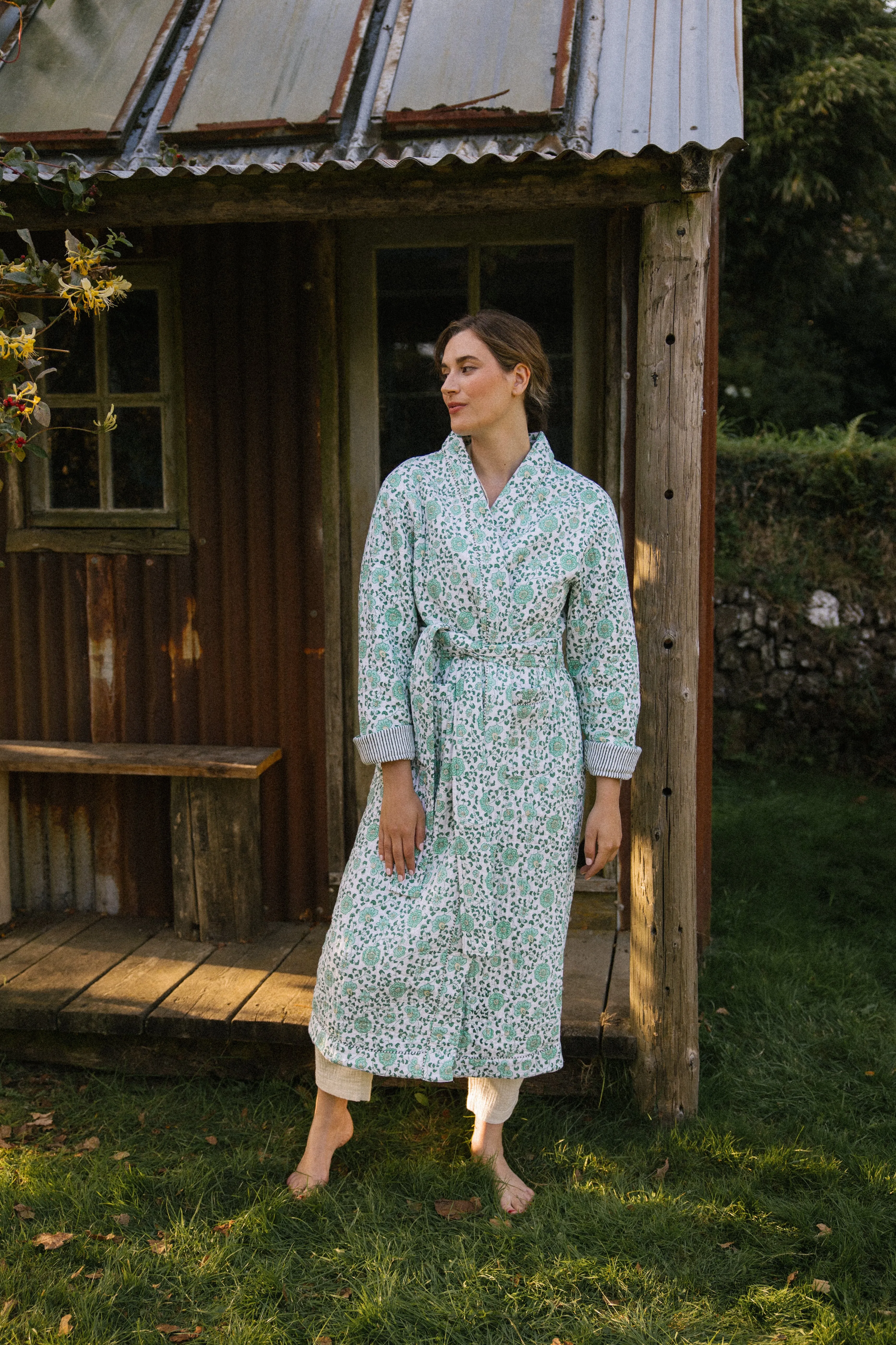 Quilted Dressing Gown - Petala Green - Restocking September 2025