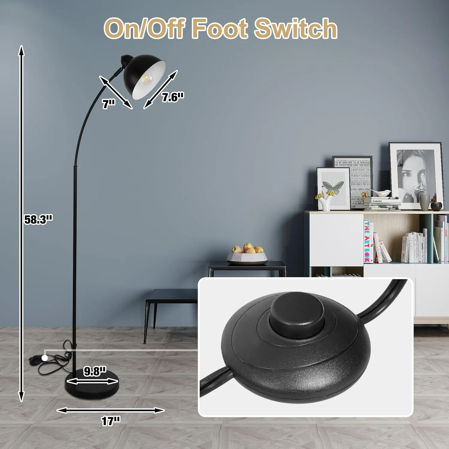 Standing Floor Lamps with 8W LED Bulb, Foot Switch & Adjustable Head, Black