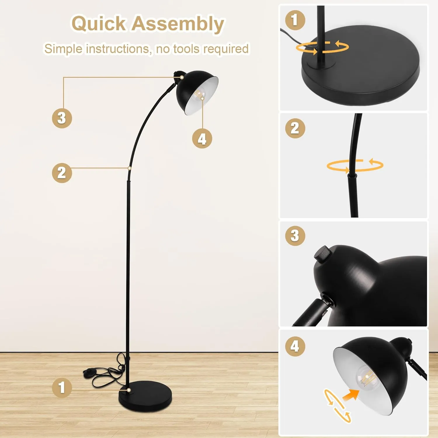 Standing Floor Lamps with 8W LED Bulb, Foot Switch & Adjustable Head, Black