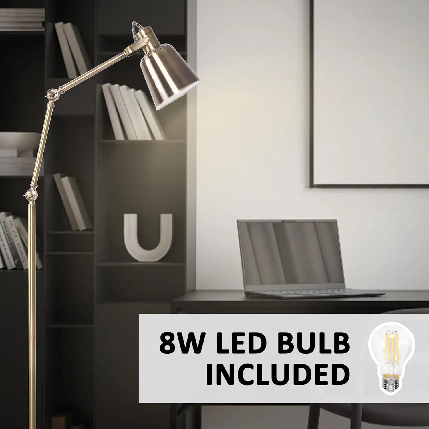 Standing Floor Lamps with 8W LED Bulb, Foot Switch & Adjustable Head, Gold