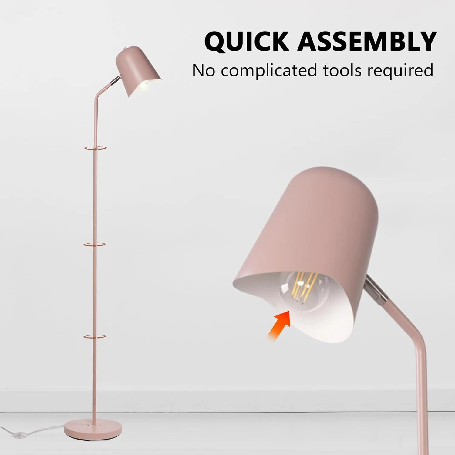 Standing Floor Lamps with 8W LED Bulb, Foot Switch & Adjustable Head, Pink