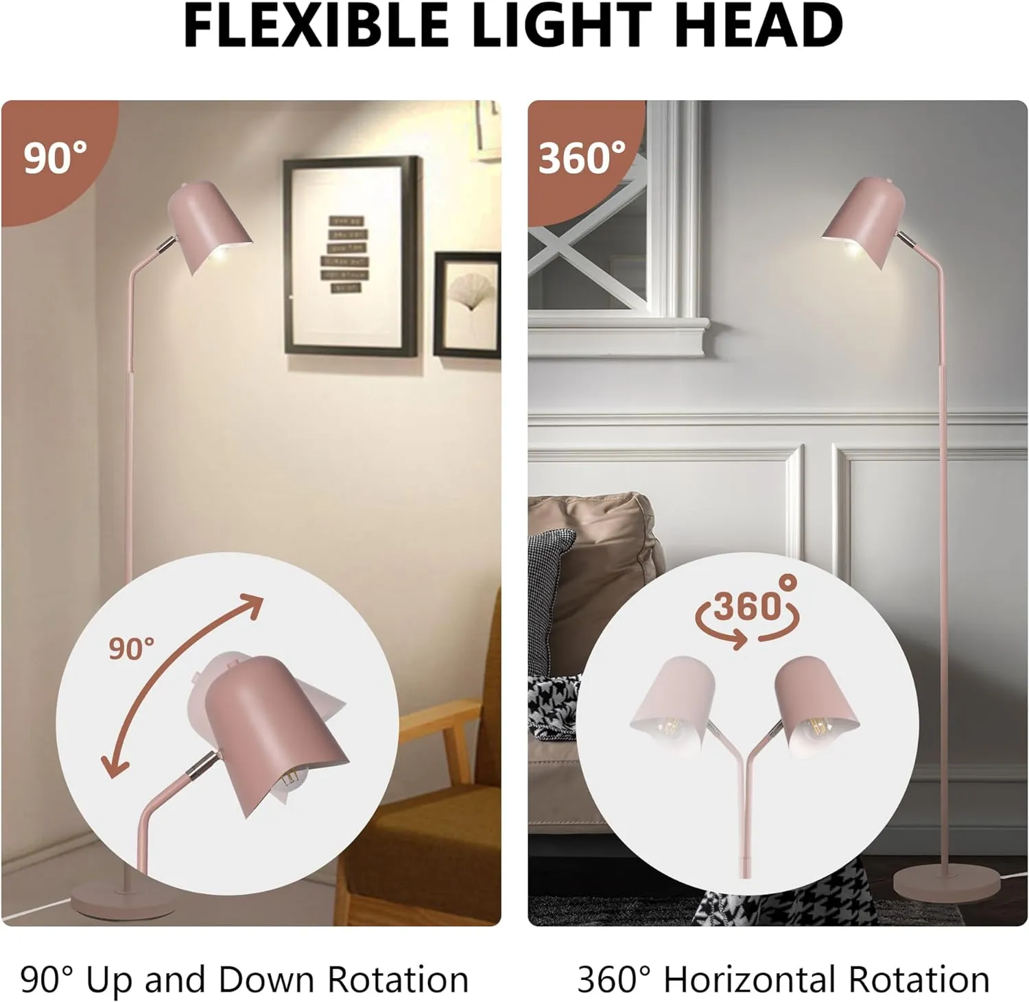 Standing Floor Lamps with 8W LED Bulb, Foot Switch & Adjustable Head, Pink